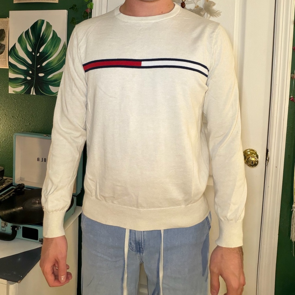 Tommy Hilfiger White Crewneck Sweater with Red and Blue Accent